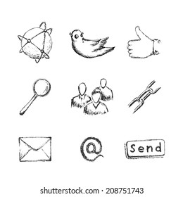 Hand drawn social network icons with links twitter bird mail like hand chain links people chat global network  and other