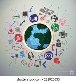 Hand drawn social network icons set and sticker with earth. Vector