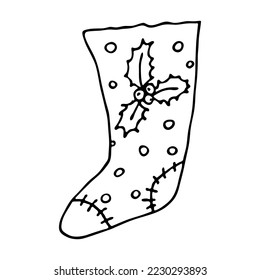 Hand drawn sock for Christmas gifts. Hanging sock doodle. Winter single design element for card, print, design, decor