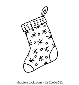 Hand drawn sock for Christmas gifts. Hanging sock doodle. Winter single design element