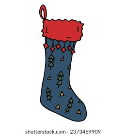 Hand drawn sock for Christmas gifts. Hanging sock doodle. Winter single design element