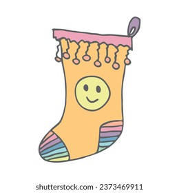 Hand drawn sock for Christmas gifts. Hanging sock doodle. Winter single design element