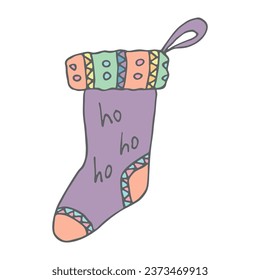 Hand drawn sock for Christmas gifts. Hanging sock doodle. Winter single design element