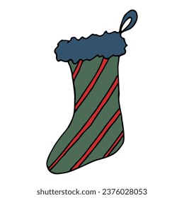 Hand drawn sock for Christmas gifts. Hanging sock doodle. Winter single design element