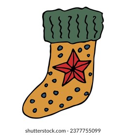 Hand drawn sock for Christmas gifts. Hanging sock doodle. Winter single design element