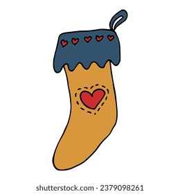 Hand drawn sock for Christmas gifts. Hanging sock doodle. Winter single design element