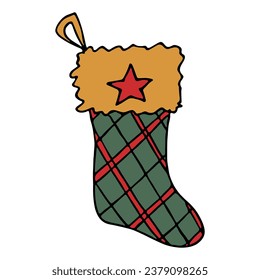 Hand drawn sock for Christmas gifts. Hanging sock doodle. Winter single design element