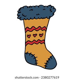 Hand drawn sock for Christmas gifts. Hanging sock doodle. Winter single design element