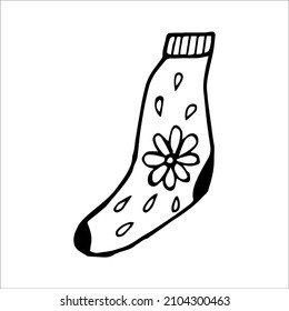 Calcetín dibujado a mano al estilo de doodle. Ilustración vectorial en blanco y negro