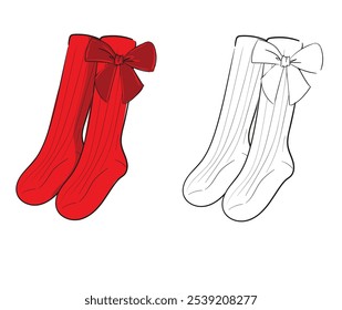 handgezeichnete Socken mit Schleife Schöne Skizze, modisch einzeln auf weißem Hintergrund