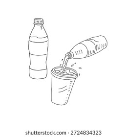 Handgezeichnete Soda Getränk Interaktion Illustration mit Cup und Flasche. Gießen Getränk Gesture Line Art für Fast Food Menü, Cafe Branding, Verpackungsdesign