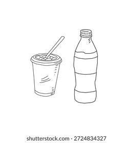 Hand Drawn Soda Drink Interaction Illustration with Cup and Bottle. Pouring Beverage Gesture Line Art for Fast Food Menu, Cafe Branding, Packaging Design