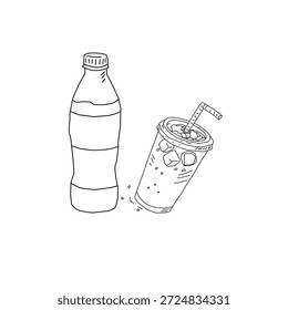 Hand Drawn Soda Drink Interaction Illustration with Cup and Bottle. Pouring Beverage Gesture Line Art for Fast Food Menu, Cafe Branding, Packaging Design