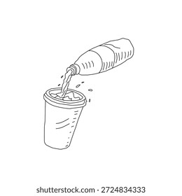 Handgezeichnete Soda Getränk Interaktion Illustration mit Cup und Flasche. Gießen Getränk Gesture Line Art für Fast Food Menü, Cafe Branding, Verpackungsdesign