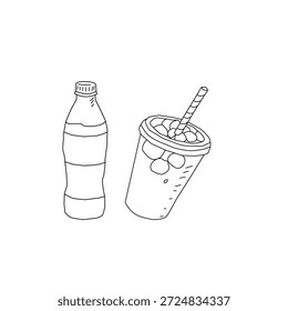 Hand Drawn Soda Drink Interaction Illustration with Cup and Bottle. Pouring Beverage Gesture Line Art for Fast Food Menu, Cafe Branding, Packaging Design