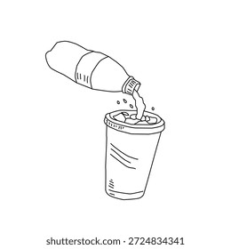 Hand Drawn Soda Drink Interaction Illustration with Cup and Bottle. Pouring Beverage Gesture Line Art for Fast Food Menu, Cafe Branding, Packaging Design