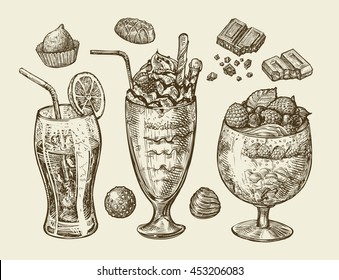 Hand Drawn Soda, Milkshake, Ice Cream, Dessert. Vector Illustration