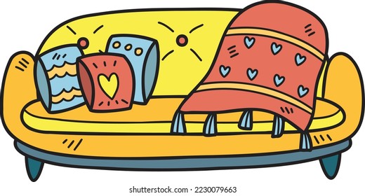 Hand Drawn Sofa with cute blankets and pillows illustration isolated on background