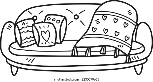 Hand Drawn Sofa with cute blankets and pillows illustration isolated on background
