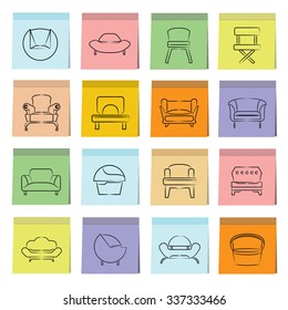 hand drawn sofa icons in stick note paper