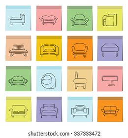 hand drawn sofa icons in stick note paper