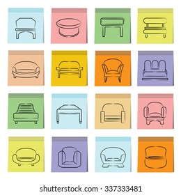 hand drawn sofa icons in stick note paper