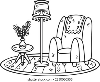Ilustración de la habitación interior de la lámpara y del sofá de mano aislados en segundo plano