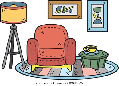 Hand Drawn sofa and lamp interior room illustration isolated on background