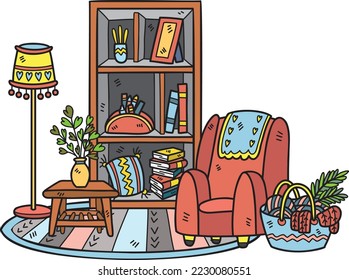 Sofá de mano y estantes ilustración de la habitación interior aislado en el fondo