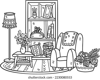 Sofá de mano y estantes ilustración de la habitación interior aislado en el fondo