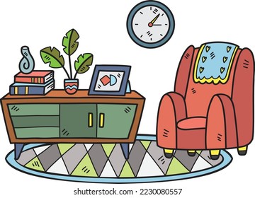 Hand Drawn sofa and shelves interior room illustration isolated on background