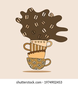 Hand drawn soft brown pastel coffee cup stack with coffee and bean spread on light brown background. Vector illustration in doodle art style