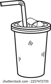 Hand Drawn Soft drink paper cups and straws illustration in doodle style isolated on background