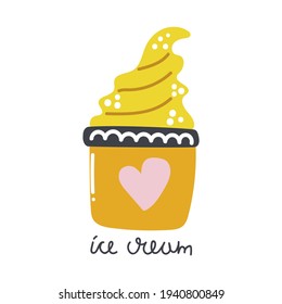 Hand drawn soft ice cream in a cup. Summer dessert concept. Modern flat illustration.