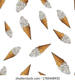 hand drawn soft serve ice cream in cones. Vector illustration of yummy ice cream in waffles isolated. Seamless pattern