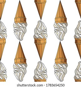 hand drawn soft serve ice cream in cones. Vector illustration of yummy ice cream in waffles isolated. Seamless pattern