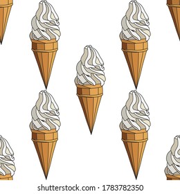hand drawn soft serve ice cream in cones. Vector illustration of yummy ice cream in waffles isolated. Seamless pattern