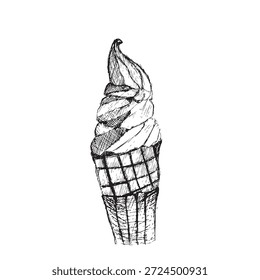 Dibujado A Mano Suave Servir Boceto De Cono De Helado. Ilustración minimalista de cono de gofre blanco y negro aislado sobre fondo blanco. Dibujo de tinta de Antiguas de postre congelado para menú de café.