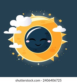 Hand drawn solar eclipse concept. Cute vector design with smiling moon, sun and clouds.