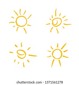 Hand Drawn Solar Symbols Line Art. Four painted suns. Vector set of solar symbols.