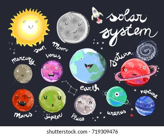 Hand drawn solar system with cute faces. Vector set. All elements are isolated