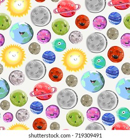 Hand drawn solar system with cute faces. Vector seamless pattern