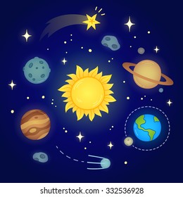 Hand drawn solar system doodle with glowing sun, planets, asteroids and other outer space objects. Cute and bright illustration.