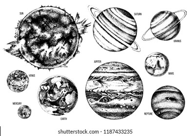 Hand drawn solar system illustration: Sun, Mercury, Venus, Earth, Mars, Jupiter, Saturn, Uranus, Neptune.