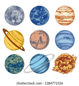 Hand drawn solar system illustration: Sun, Mercury, Venus, Earth, Mars, Jupiter, Saturn, Uranus, Neptune.