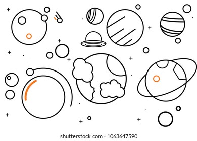 Hand drawn solar system set of space icon  ufo universe with black background 