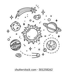 Hand drawn solar system with sun, planets, asteroids and other outer space objects. Cute and decorative doodle style line art.
