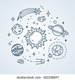 Hand Drawn Solar System With Sun, Planets, Asteroids And Other Outer Space Objects On Lined Notebook Paper. Cute And Decorative Doodle Style Line Art.