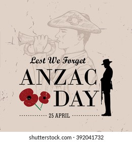 Hand drawn of soldier blowing trumpet with text Lest we forget and Anzac Day svg