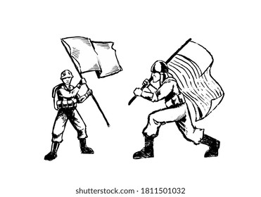 Handgezeichneter Soldat, der eine Flaggengrafik trägt, einzeln auf weißem Hintergrund. Einfarbiger Soldat, der eine Flaggengrafik trägt, einzeln auf weißem Hintergrund.